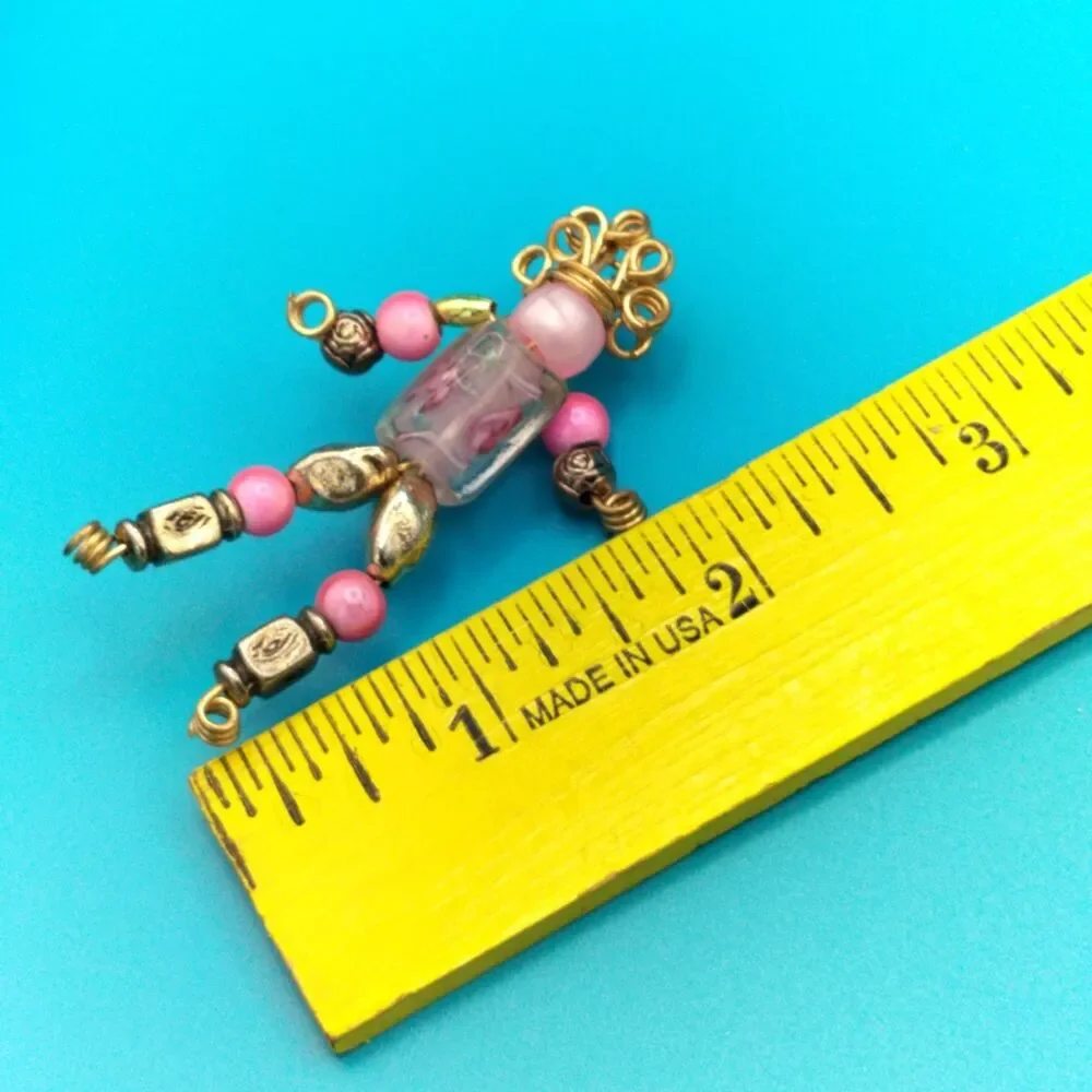 Handmade Beaded Doll Brooch Pink Gold Wire Art Pin Vintage Style 2.5” Jewelry